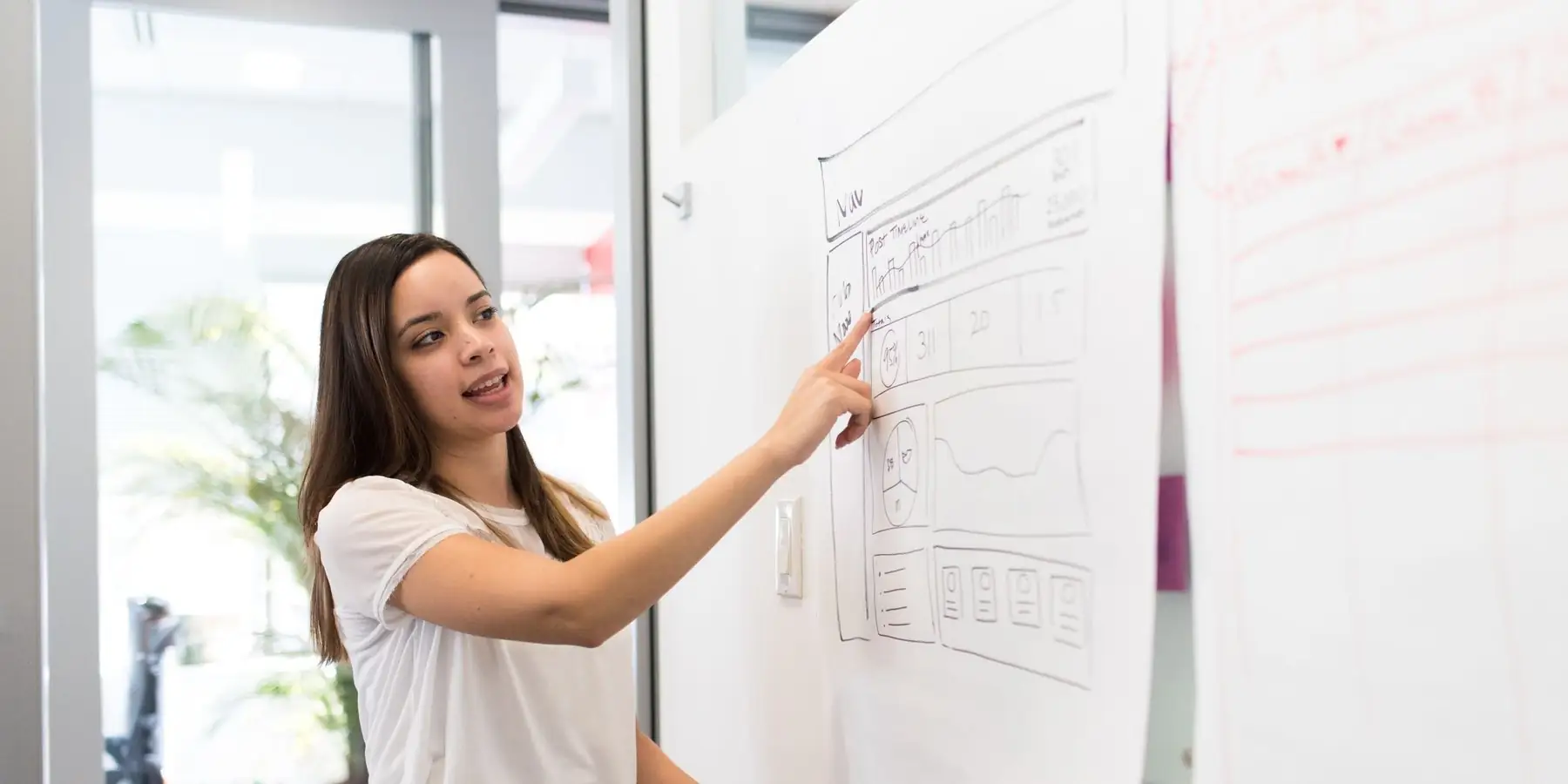 Diseñadora presentando el boceto de un sitio web